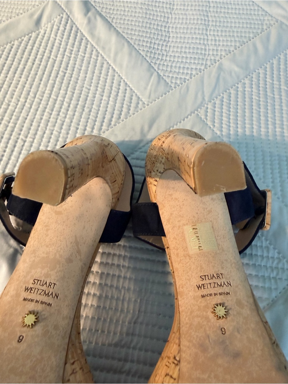 Stuart Weitzman Alesha Navy Suede Strap Cork Platform Sandals Size 9 Nearly New - Picture 9 of 13